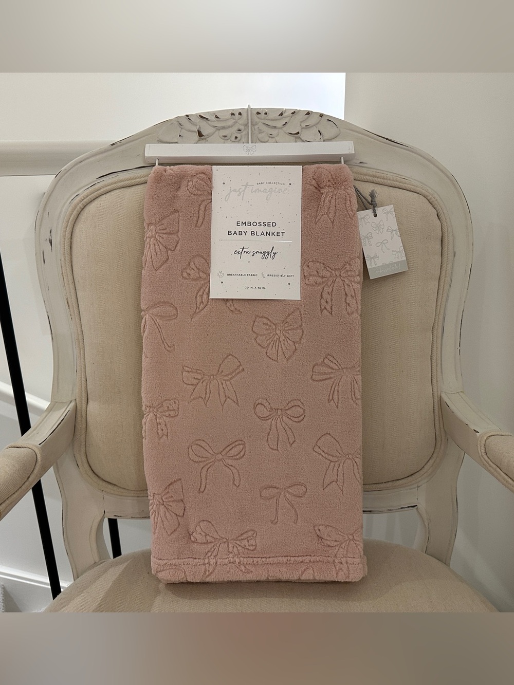 🦢 Dusty Rose Embossed Ribbon Bow Baby Blanket by Just Imagine NWT
